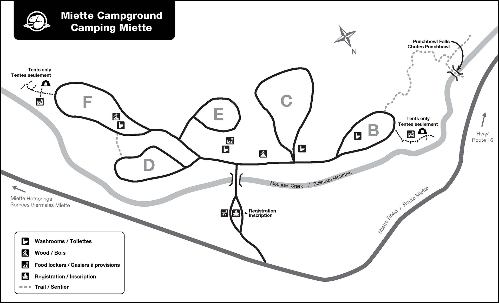Official map of Miette Campground (formerly Pocahontas) showing loops and site numbers