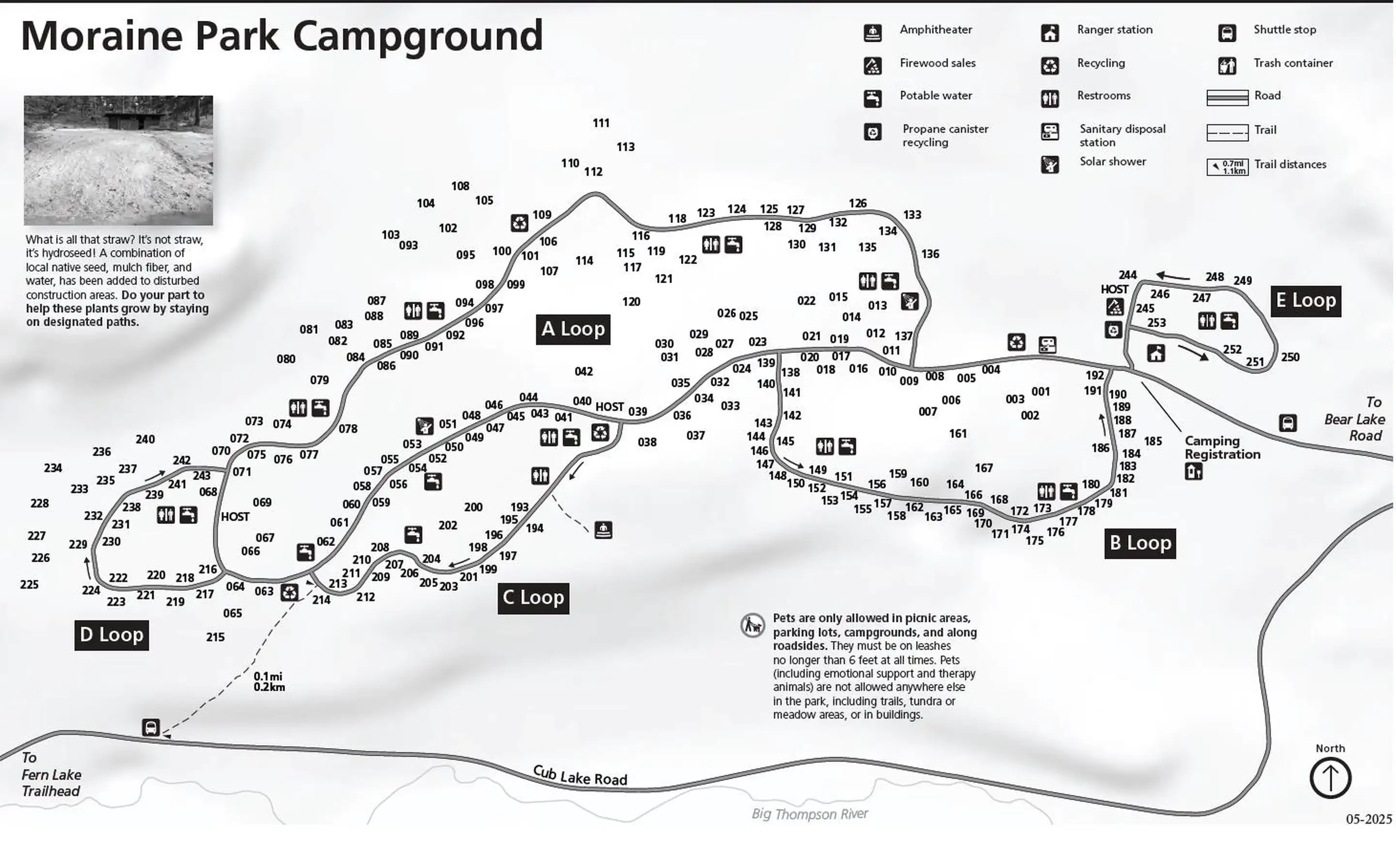 Official map of Moraine Park Campground showing loops and site numbers